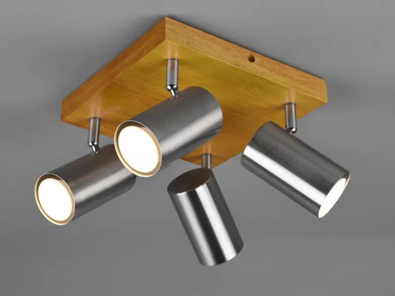 Deckenstrahler MARLEY Silber mit Holz 4-flammig, Quadrat 22cm