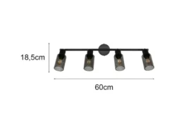 Deckenstrahler MARS 4-flammig Schwarz mit Rauchglas Lampenschirmen, Breite 60cm