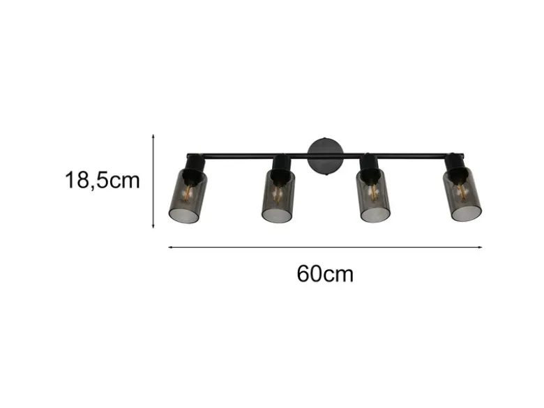 Deckenstrahler MARS 4-flammig Schwarz mit Rauchglas Lampenschirmen, Breite 60cm