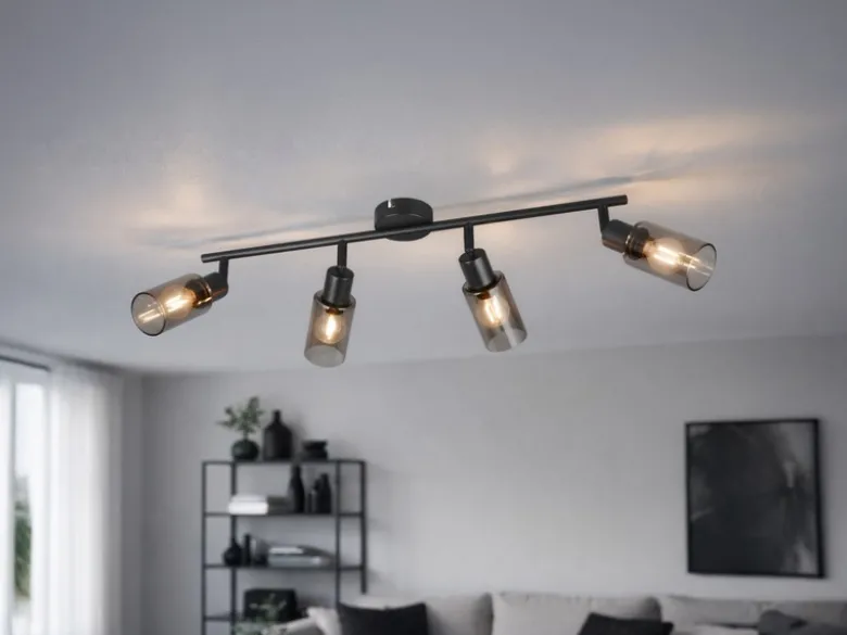 Deckenstrahler MARS 4-flammig Schwarz mit Rauchglas Lampenschirmen, Breite 60cm