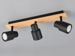 Deckenstrahler PIERRE 3-flammig aus Metall in Schwarz mit Holz, Breite 46cm