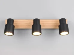 Deckenstrahler PIERRE 3-flammig aus Metall in Schwarz mit Holz, Breite 46cm