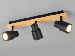 Deckenstrahler PIERRE 3-flammig aus Metall in Schwarz mit Holz, Breite 46cm