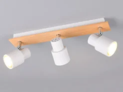 Deckenstrahler PIERRE 3-flammig aus Metall in Weiß mit Holz, Breite 46cm