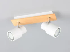 Deckenstrahler PIERRE 2-flammig aus Metall in Weiß mit Holz, Breite 31cm