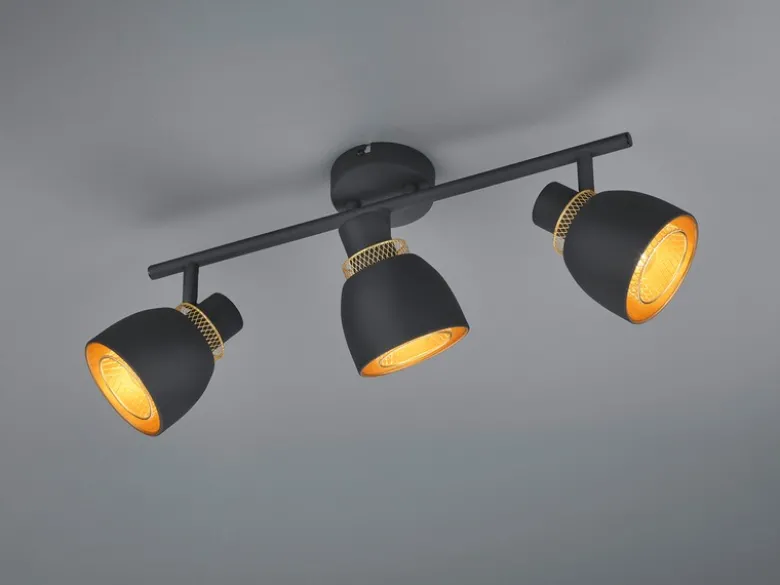 Deckenstrahler PUNCH 3-flammig Schwarz Gold mit Drahtgeflecht, Breite 45cm