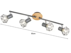 Deckenstrahler RAN Grau / Holz 4-flammig, Gitterlampe schwenkbar, Breite 60cm