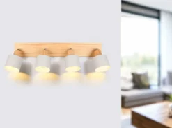 Deckenstrahler SHANTI Hellgrau mit Holz 4-flammig, Breite 60cm