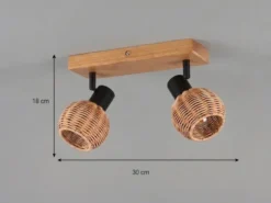 Deckenstrahler TAVAR 2-flammig Holz mit Rattan Korbgeflecht, Breite 30cm