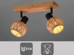 Deckenstrahler TAVAR 2-flammig Holz mit Rattan Korbgeflecht, Breite 30cm
