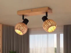 Deckenstrahler TAVAR 2-flammig Holz mit Rattan Korbgeflecht, Breite 30cm