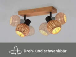 Deckenstrahler TAVAR 2-flammig Holz mit Rattan Korbgeflecht, Breite 30cm
