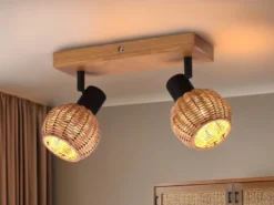 Deckenstrahler TAVAR 2-flammig Holz mit Rattan Korbgeflecht, Breite 30cm