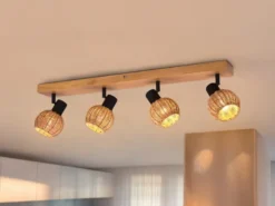 Deckenstrahler TAVAR 4-flammig Holz mit Rattan Korbgeflecht, Breite 70cm