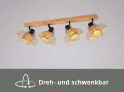 Deckenstrahler TAVAR 4-flammig Holz mit Rattan Korbgeflecht, Breite 70cm