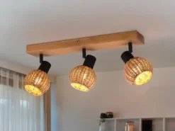 Deckenstrahler TAVAR 3-flammig Holz mit Rattan Korbgeflecht, Breite 50cm