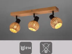 Deckenstrahler TAVAR 3-flammig Holz mit Rattan Korbgeflecht, Breite 50cm
