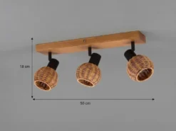Deckenstrahler TAVAR 3-flammig Holz mit Rattan Korbgeflecht, Breite 50cm