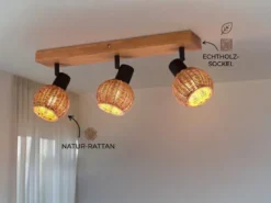 Deckenstrahler TAVAR 3-flammig Holz mit Rattan Korbgeflecht, Breite 50cm