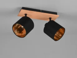 Deckenstrahler TOMMY 2-flammig Holz, Stoffschirme Schwarz Gold, Breite 28cm