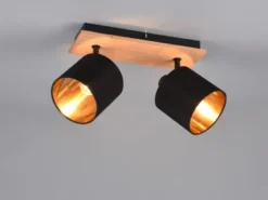 Deckenstrahler TOMMY 2-flammig Holz, Stoffschirme Schwarz Gold, Breite 28cm