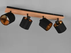 Deckenstrahler TOMMY 4-flammig Holz, Stoffschirme Schwarz Gold, Breite 70cm