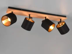 Deckenstrahler TOMMY 4-flammig Holz, Stoffschirme Schwarz Gold, Breite 70cm