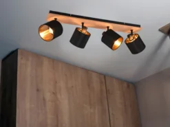 Deckenstrahler TOMMY 4-flammig Holz, Stoffschirme Schwarz Gold, Breite 70cm