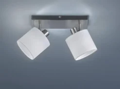 Deckenstrahler TOMMY 2-flammig Silber, Stoffschirme Weiß, Breite 28cm