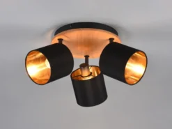 Deckenstrahler TOMMY 3-flammig Holz & Stoffschirme Schwarz Gold, Ø 25cm