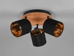 Deckenstrahler TOMMY 3-flammig Holz & Stoffschirme Schwarz Gold, Ø 25cm