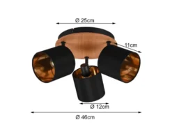 Deckenstrahler TOMMY 3-flammig Holz & Stoffschirme Schwarz Gold, Ø 25cm