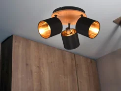 Deckenstrahler TOMMY 3-flammig Holz & Stoffschirme Schwarz Gold, Ø 25cm