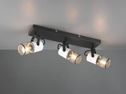 Deckenstrahler TOSH 3-flammig, Schwarz / Holz Weiß & Gitterschirme, Breite 44cm