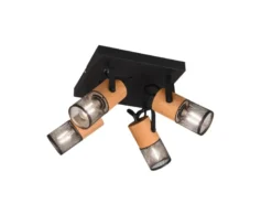 Deckenstrahler TOSH 4-flammig, Schwarz mit Holz, Quadrat 22cm