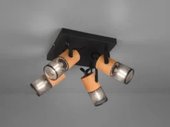 Deckenstrahler TOSH 4-flammig, Schwarz mit Holz, Quadrat 22cm