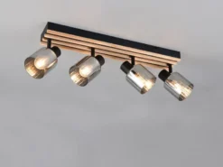Deckenstrahler TRAVIA 4-flammig, Rauchglas Schwarz & Holzlamellen, Breite 64,5cm