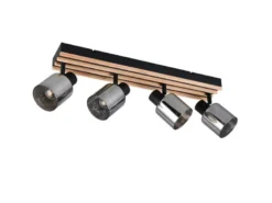 Deckenstrahler TRAVIA 4-flammig, Rauchglas Schwarz & Holzlamellen, Breite 64,5cm