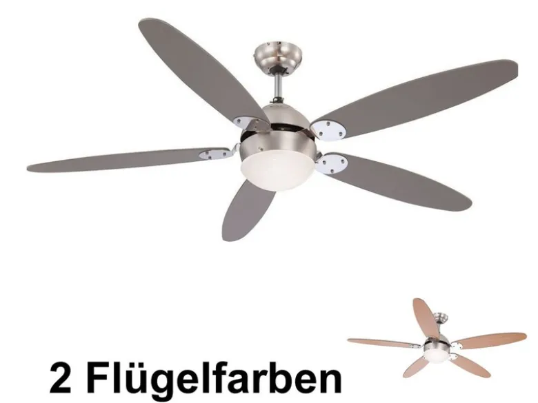 Deckenventilator AZURA mit Licht und Zugschalter leise, 2 Flügelfarben, Ø132cm