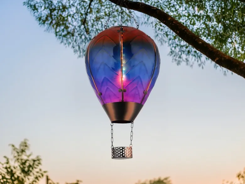 Deko Solarleuchte mit buntem Heißluftballon aus Glas & Flammeneffekt, Höhe 58cm