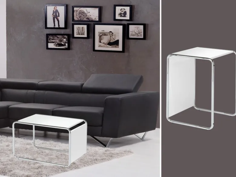 Designer Beistelltisch im Bauhausstil, wendbar, Weiß Höhe 67cm