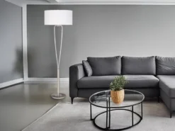 Designer LED Stehleuchte Silber mit Stoffschirm Weiß, Höhe 160cm