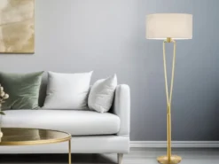 Designer Stehleuchte PARIS II Messing mit Stoffschirm Weiß, Höhe 160cm