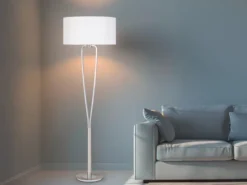 Designer Stehleuchte PARIS II Silber mit Stoffschirm Weiß, Höhe 160cm