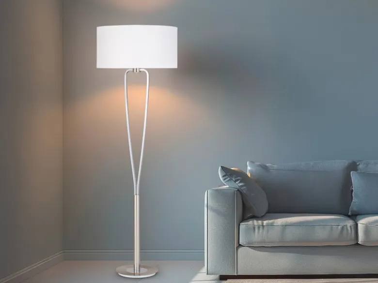 Designer Stehleuchte PARIS II Silber mit Stoffschirm Weiß, Höhe 160cm