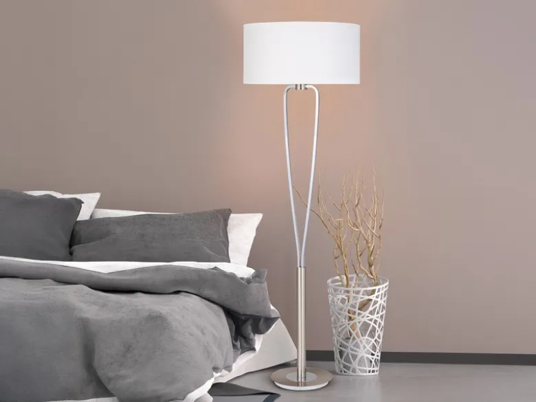Designer Stehleuchte PARIS II Silber mit Stoffschirm Weiß, Höhe 160cm