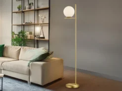 Design LED Stehleuchte in Messing matt mit Lampenschirm Kugel Opalglas, H: 150cm