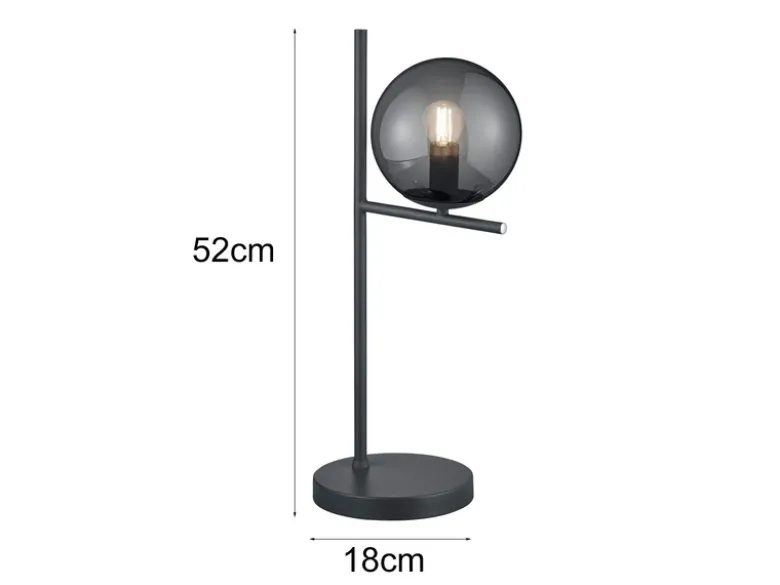 Design LED Tischleuchte Anthrazit Lampenschirm Glaskugel Rauchfarbig, Höhe 52cm