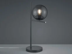 Design LED Tischleuchte Anthrazit Lampenschirm Glaskugel Rauchfarbig, Höhe 52cm