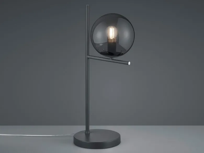 Design LED Tischleuchte Anthrazit Lampenschirm Glaskugel Rauchfarbig, Höhe 52cm